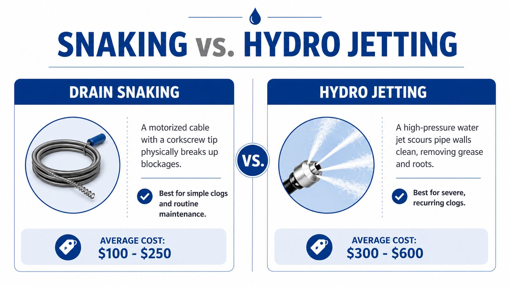 A comparison infographic between drain snaking and hydro jetting services, highlighting their mechanisms, uses, and average costs.