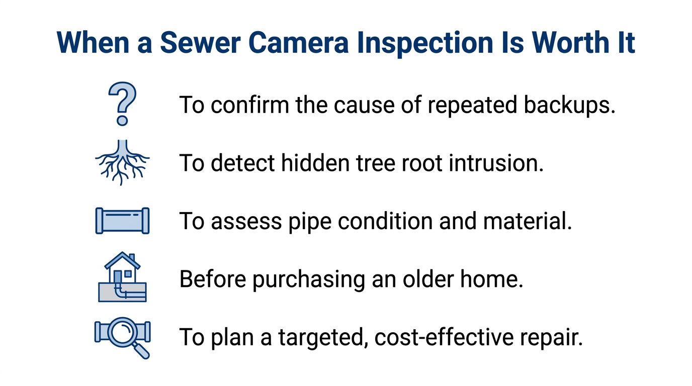 A list describing five specific scenarios when a professional sewer camera inspection is recommended for property owners.