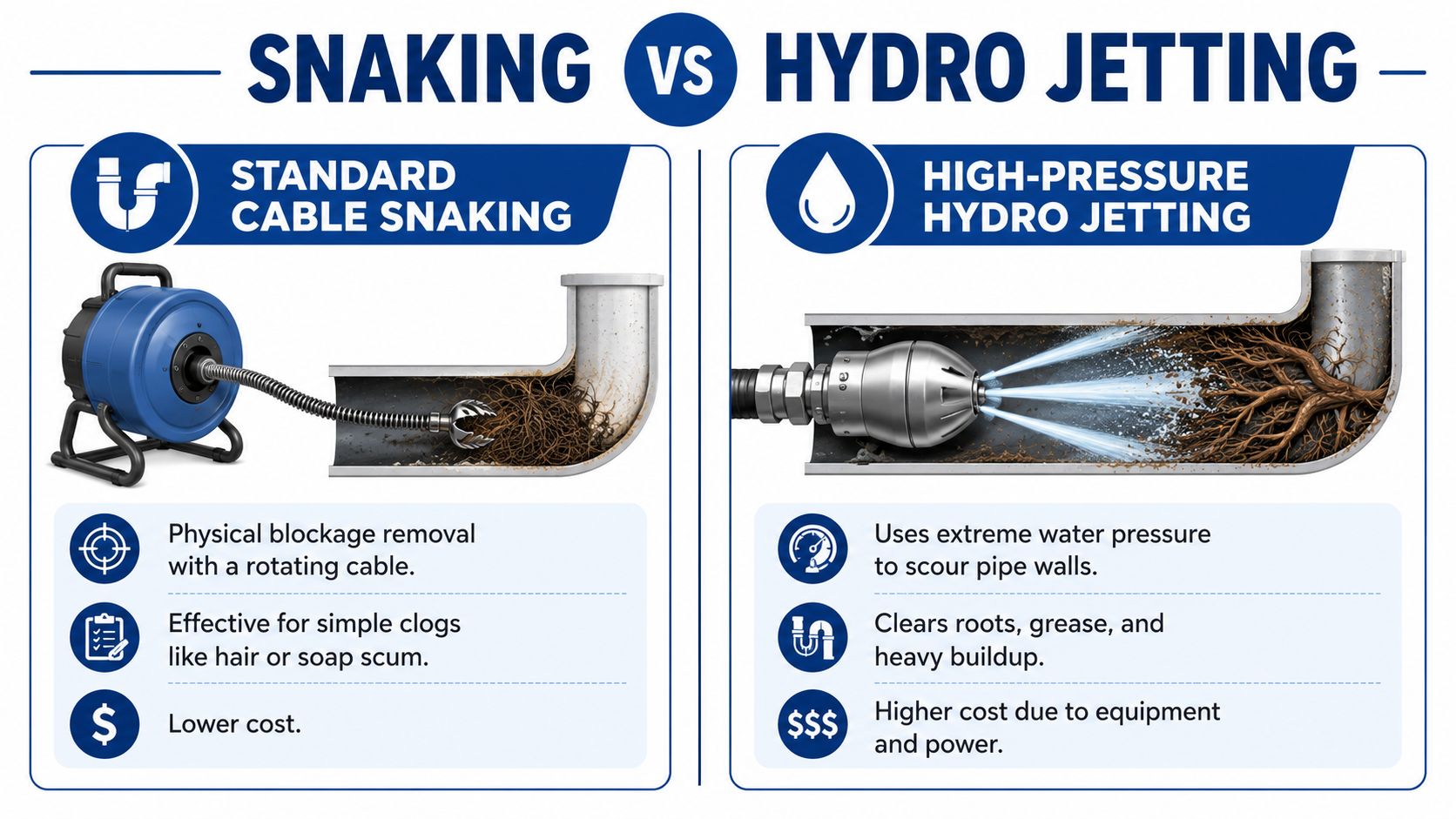 A comparison infographic showing the differences between drain cable snaking and high-pressure water hydro jetting services.