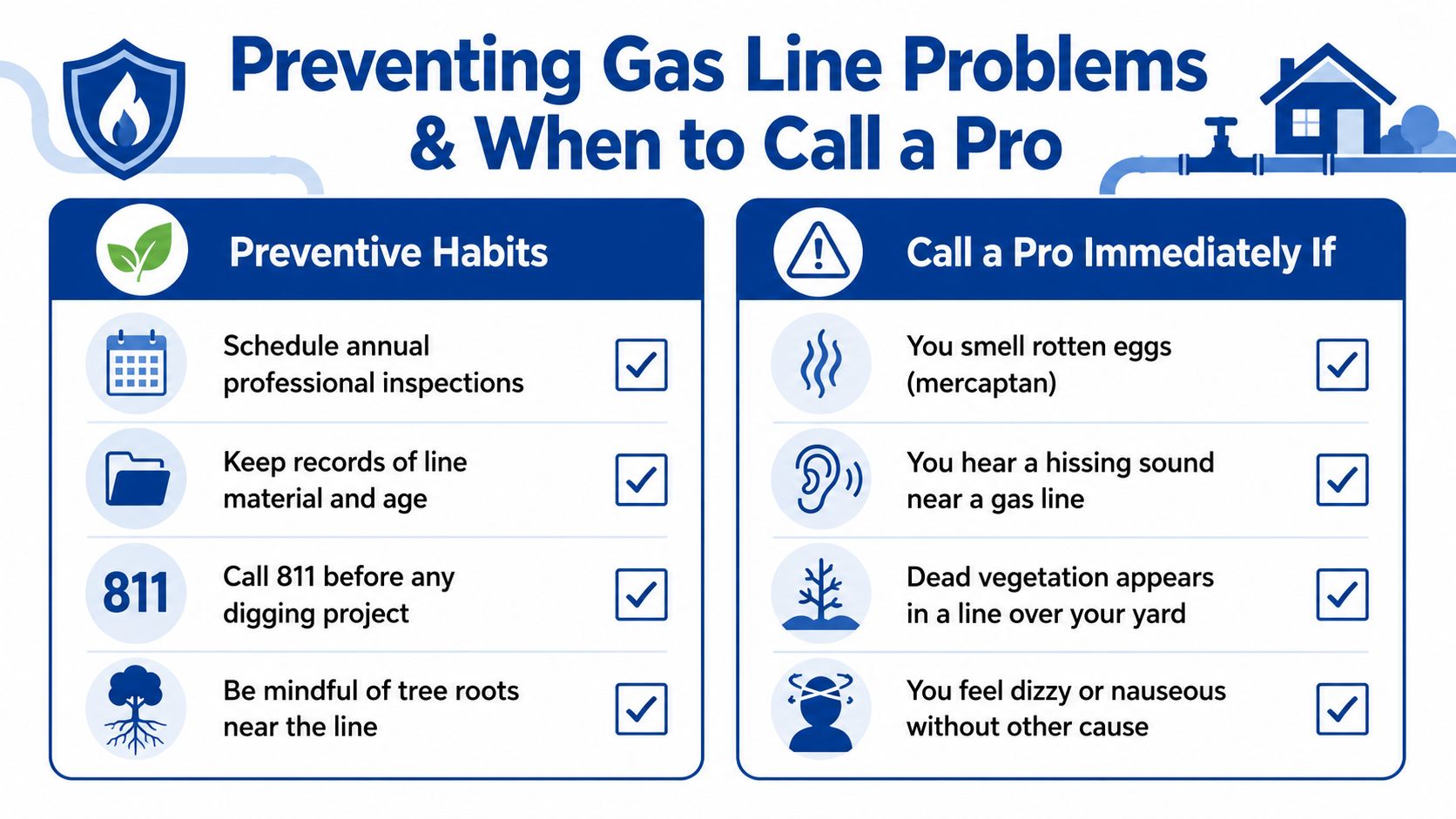 An infographic detailing preventive measures for gas lines and warning signs requiring immediate professional assistance.