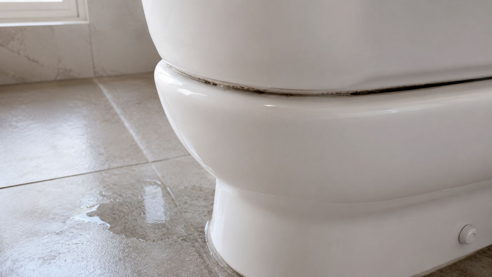 A close-up view of a bathroom toilet leaking water onto the tiled floor from the tank base.