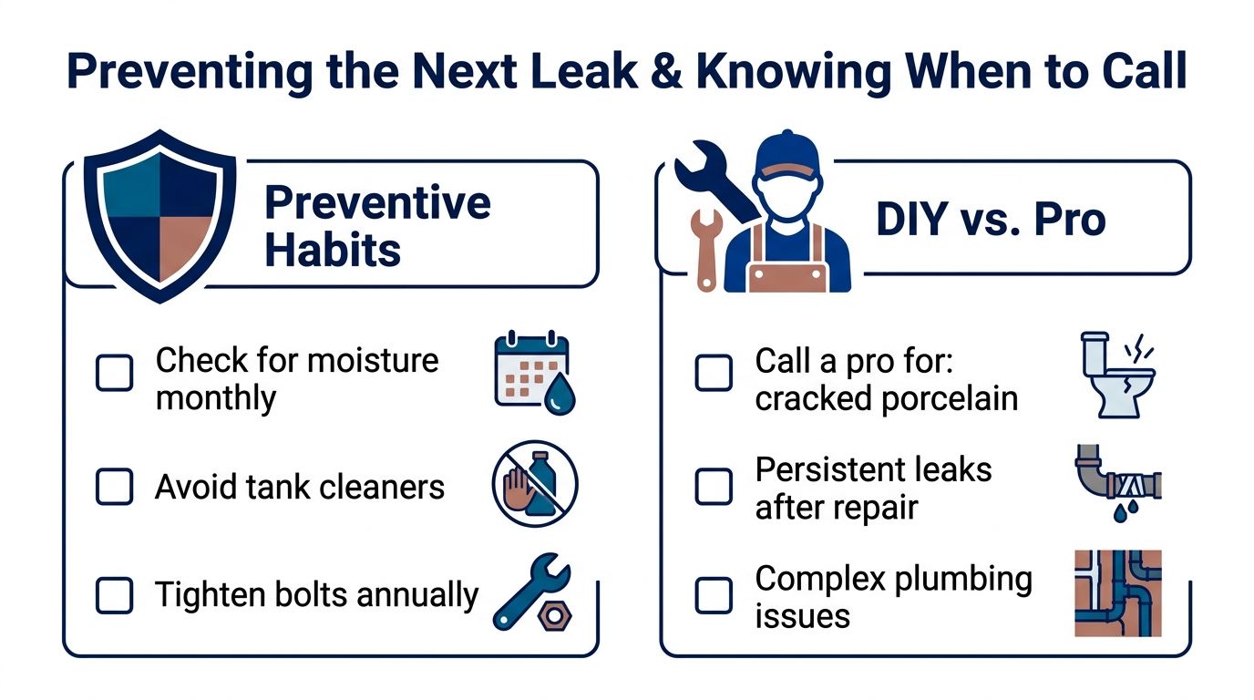 A helpful infographic outlining tips for preventing toilet leaks and knowing when to hire a professional plumber.