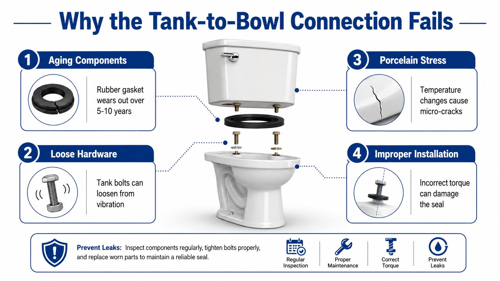 An infographic explaining four common causes for leaks between a toilet tank and bowl including aging parts.