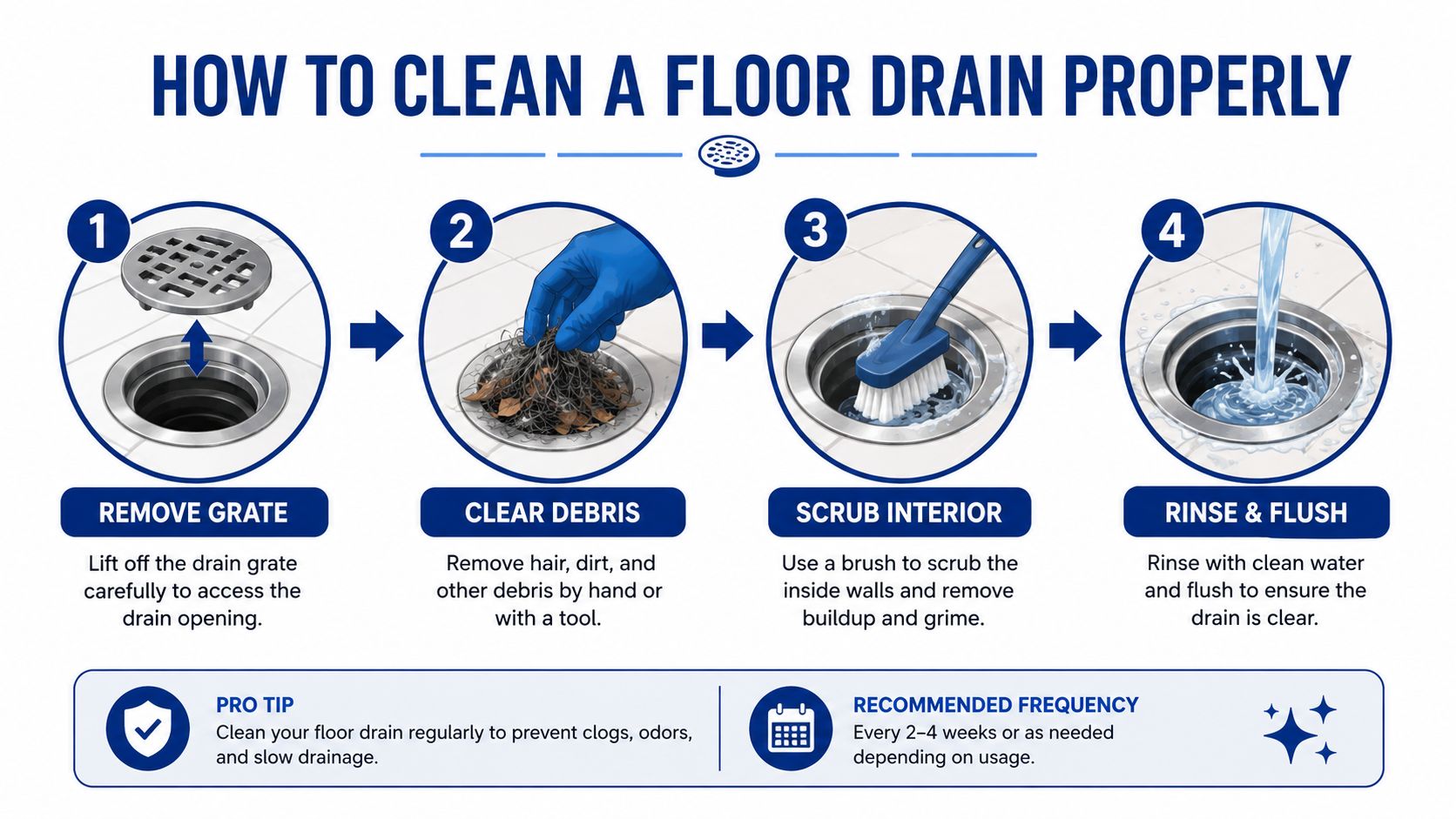 A step-by-step instructional infographic showing how to properly clean a floor drain in four easy steps.