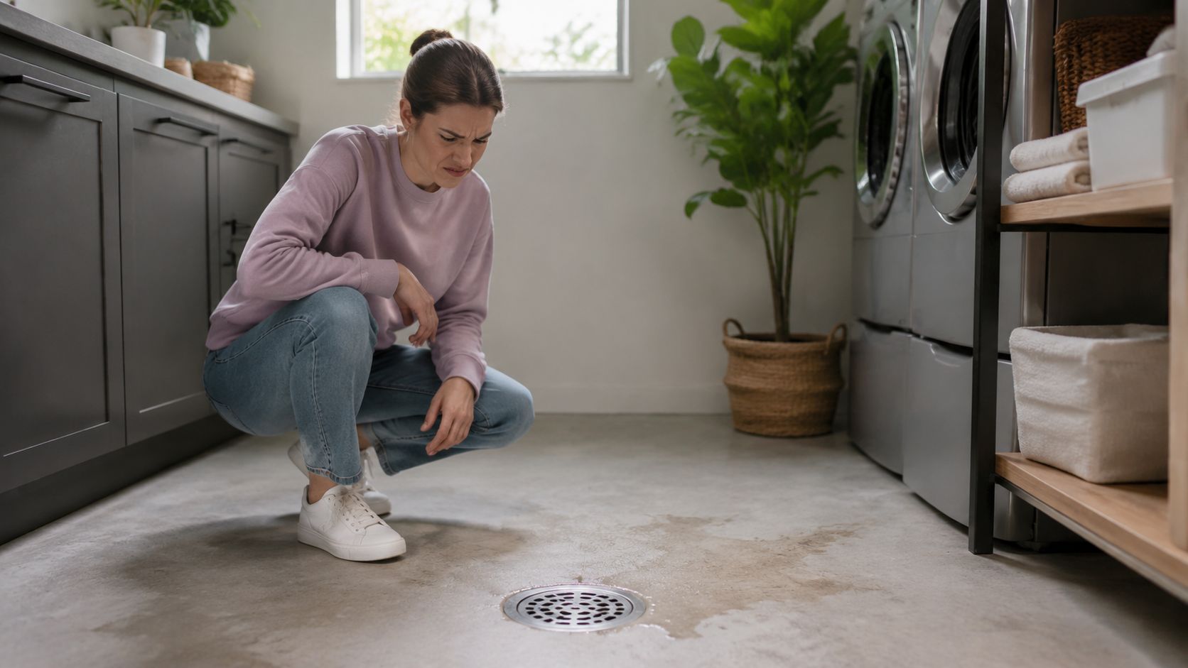 A concerned woman crouches on a laundry room floor inspecting a wet area around a floor drain.