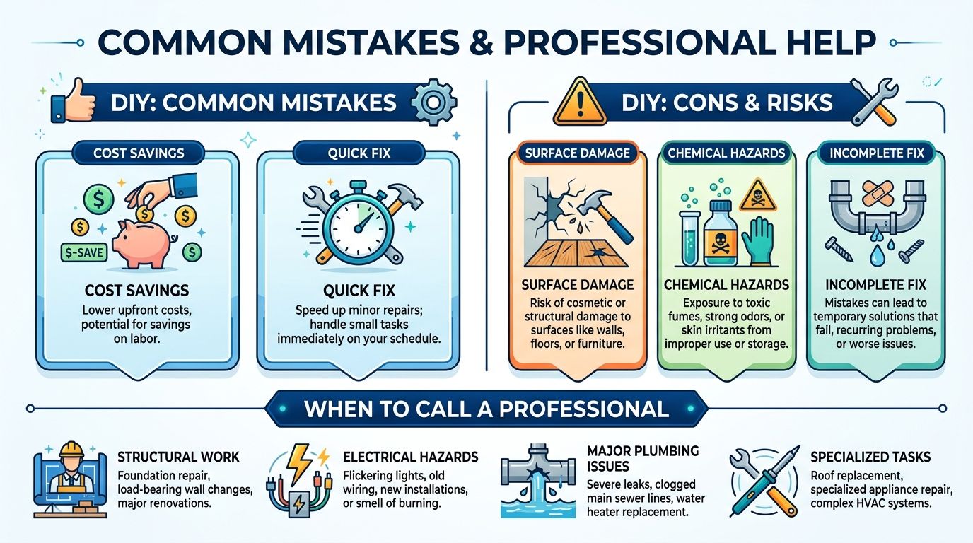 An infographic illustrating common DIY mistakes, risks of home repairs, and when to hire professional contractors.