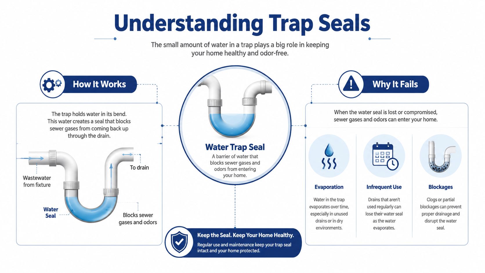 An educational infographic explaining how plumbing trap seals work to prevent sewer gases from entering homes.