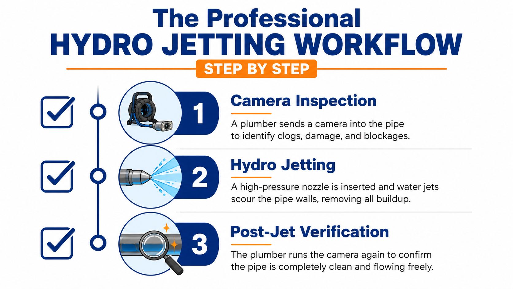 A professional three step diagram illustrating the hydro jetting workflow for cleaning clogged drains and pipes.