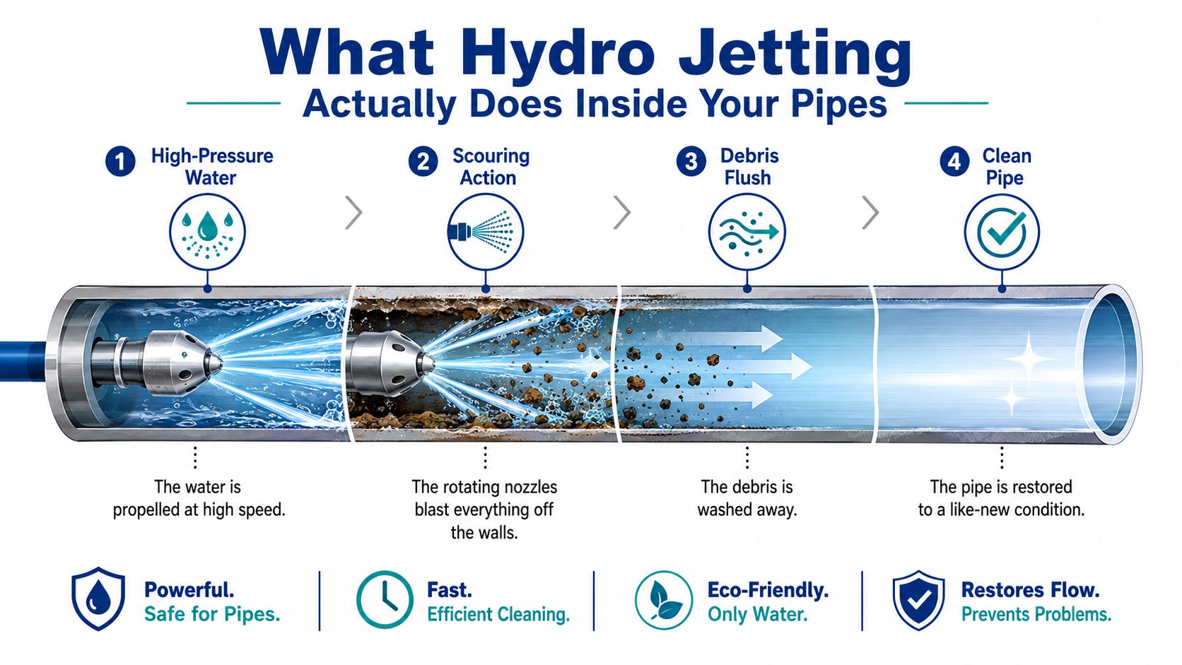 A step-by-step diagram illustrating the hydro jetting process used for cleaning and restoring clogged residential pipes.