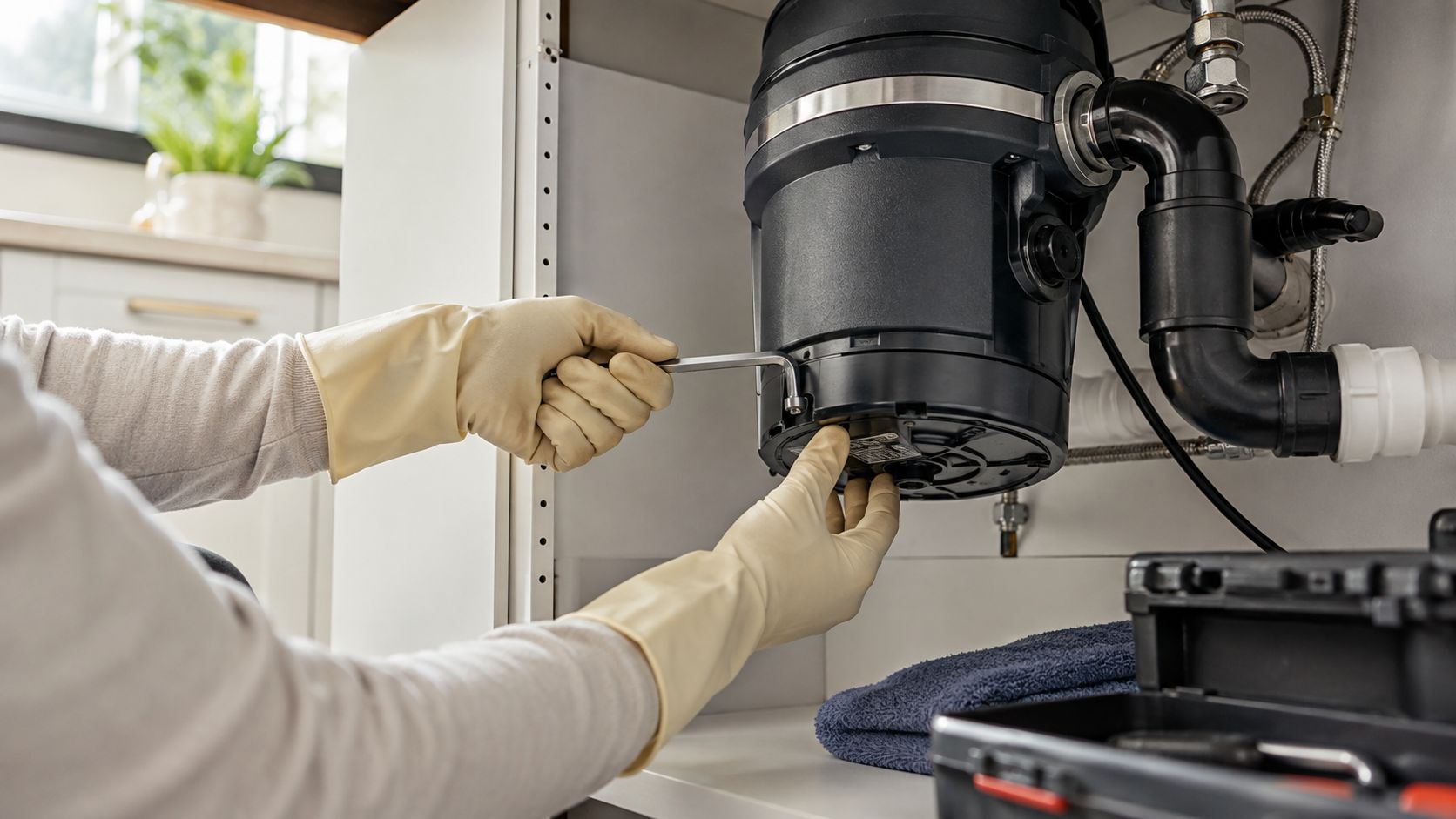 A person wearing protective gloves repairing a kitchen sink garbage disposal unit with an Allen wrench.