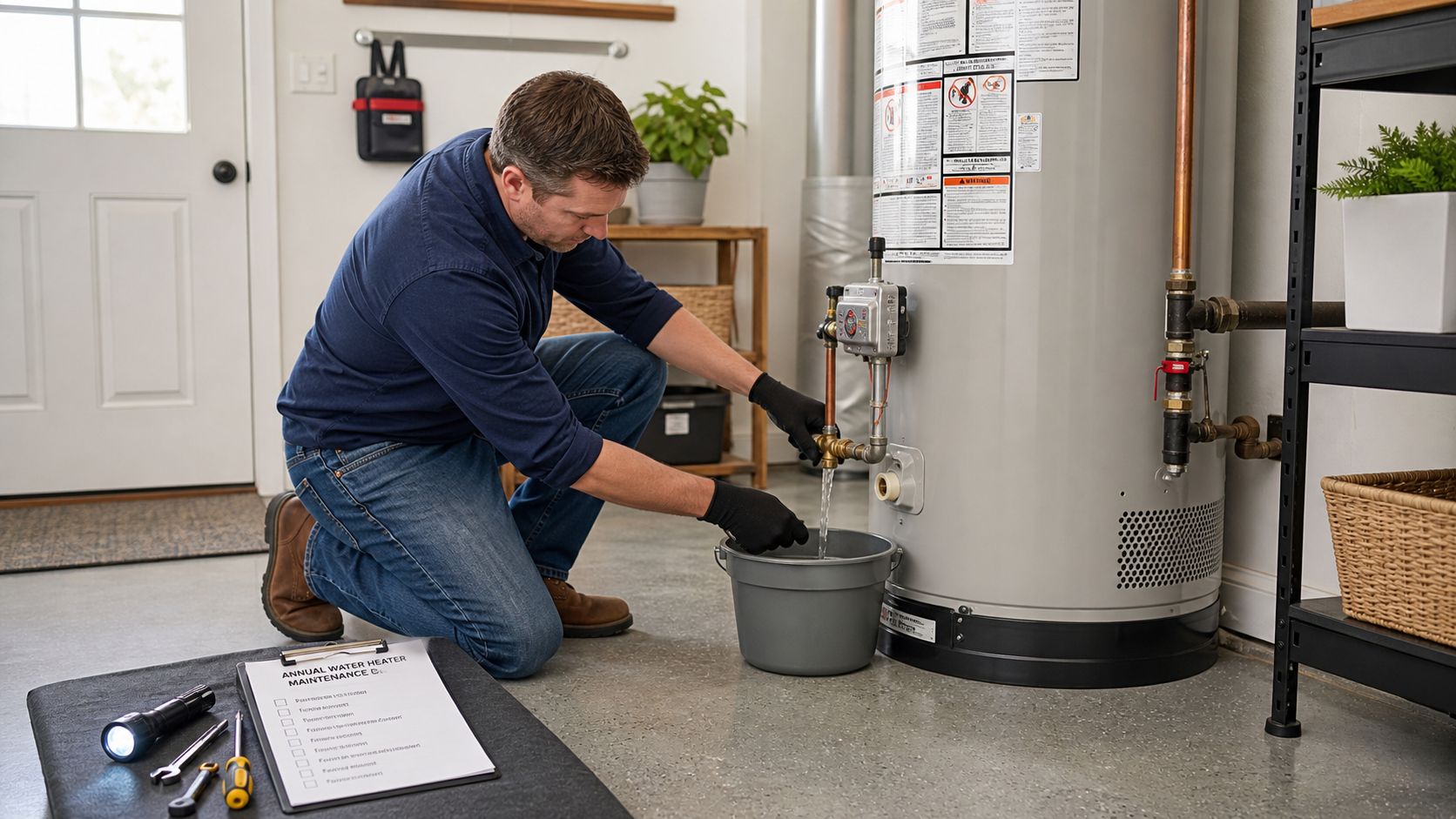 A professional technician wearing gloves performing maintenance on a residential gas water heater in a garage.