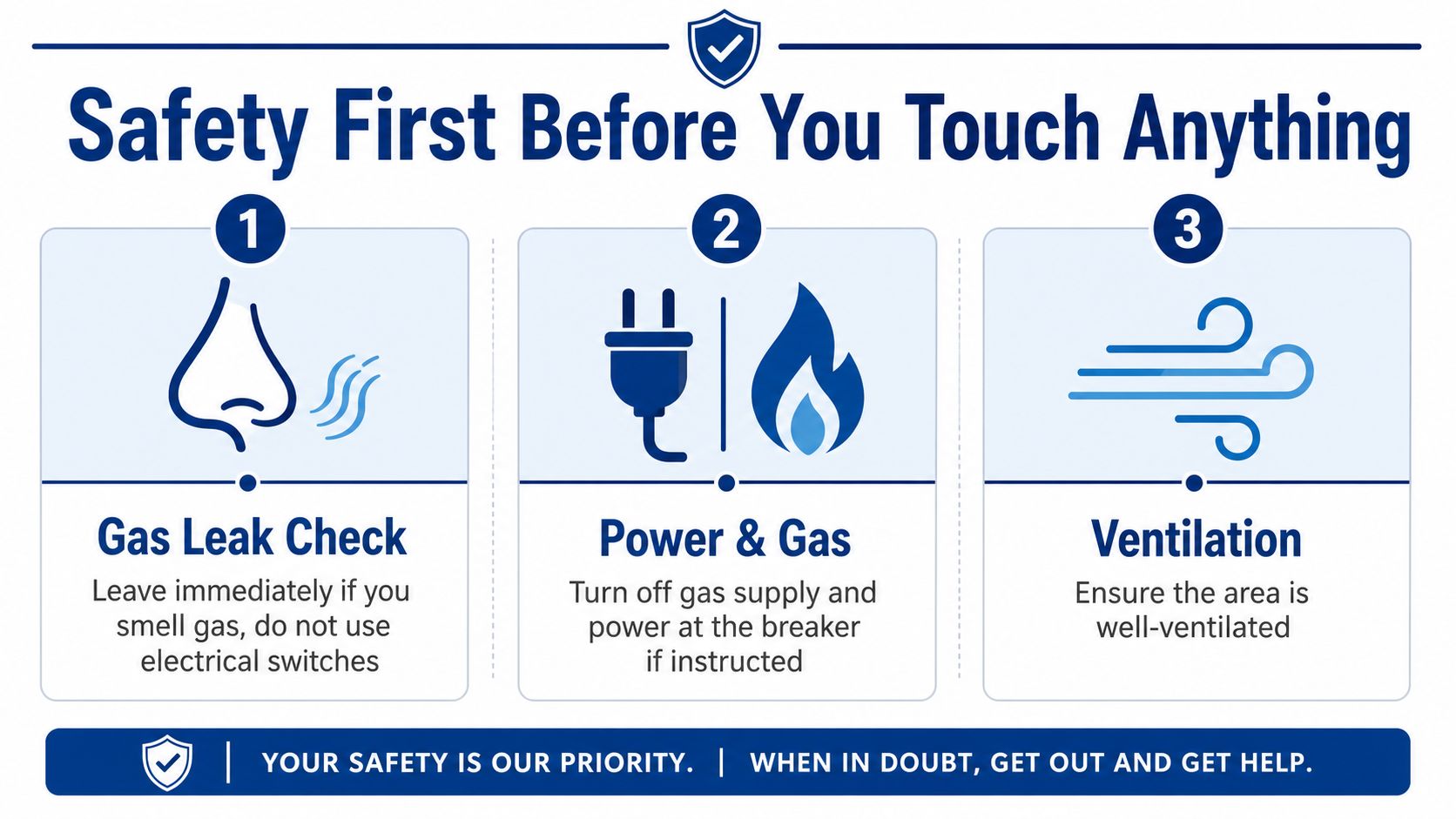 A safety infographic titled Safety First Before You Touch Anything, outlining three critical steps for gas leak emergencies.