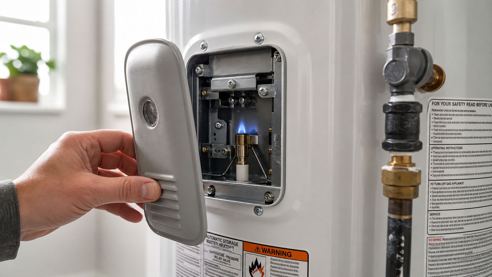 A technician's hand opening the access panel of a gas water heater to check the pilot light.