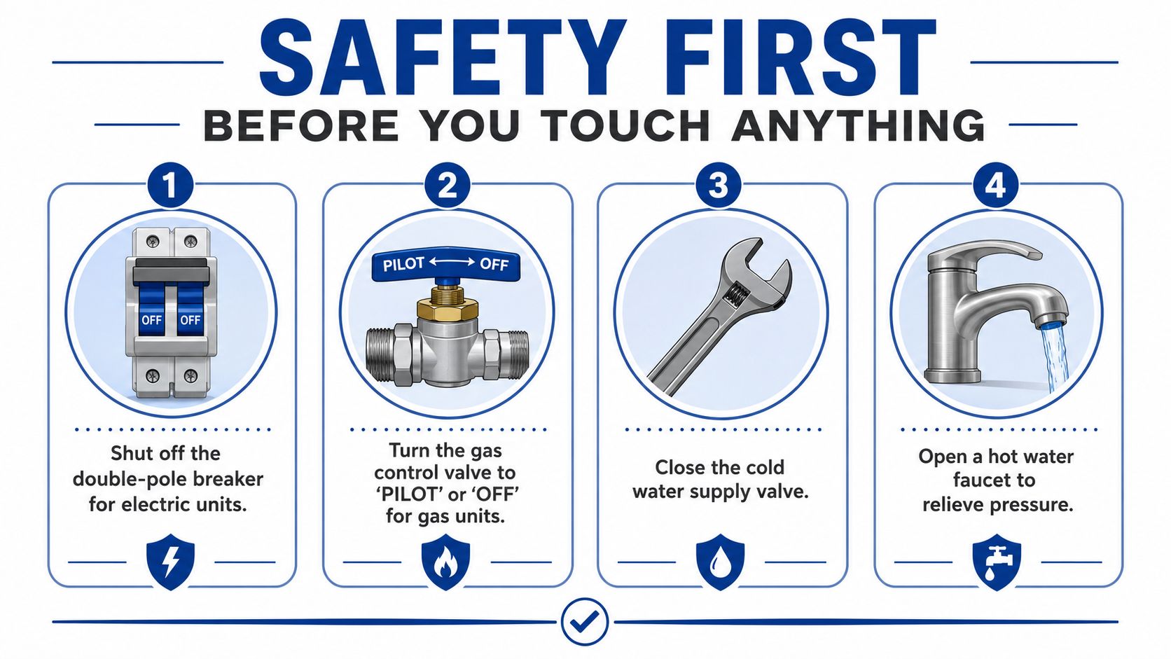 A safety infographic illustrating four essential steps for shutting down a water heater before maintenance.