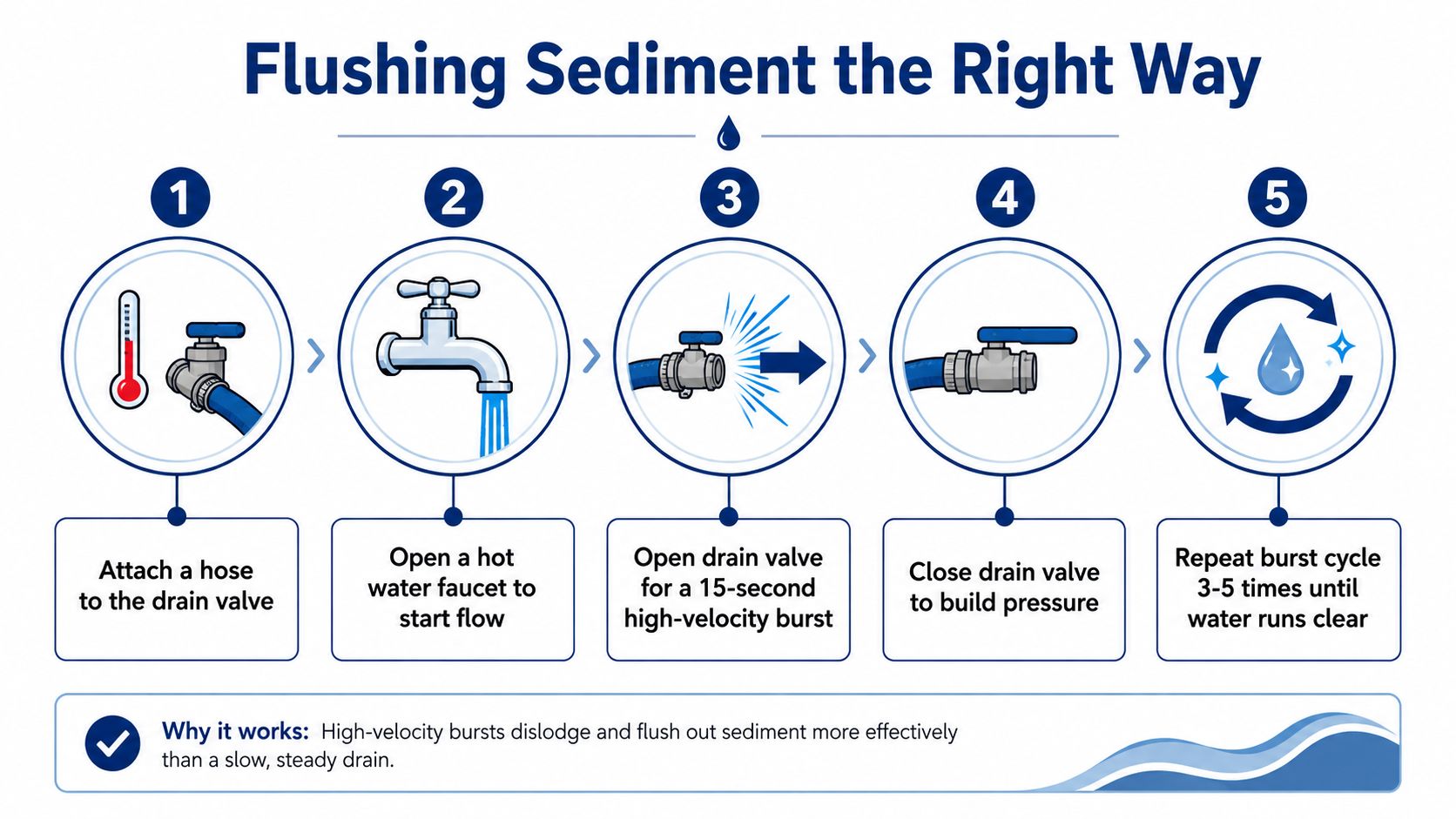 An instructional infographic detailing the five steps for flushing sediment from a water heater tank safely.