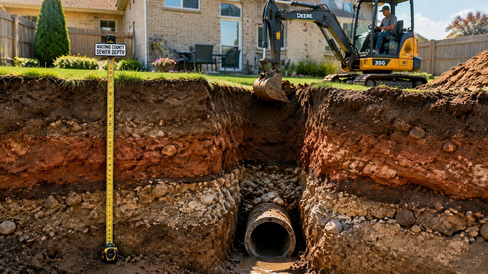 A yellow Deere excavator digging a deep sewer line trench in a residential backyard for pipe replacement.