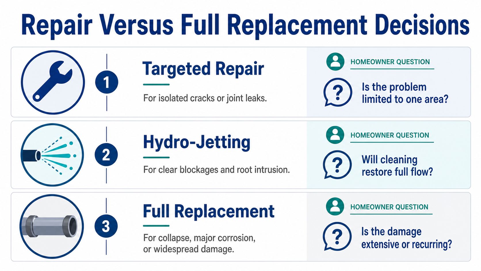 A decision guide comparing targeted repair, hydro-jetting, and full replacement for damaged residential sewer pipes.
