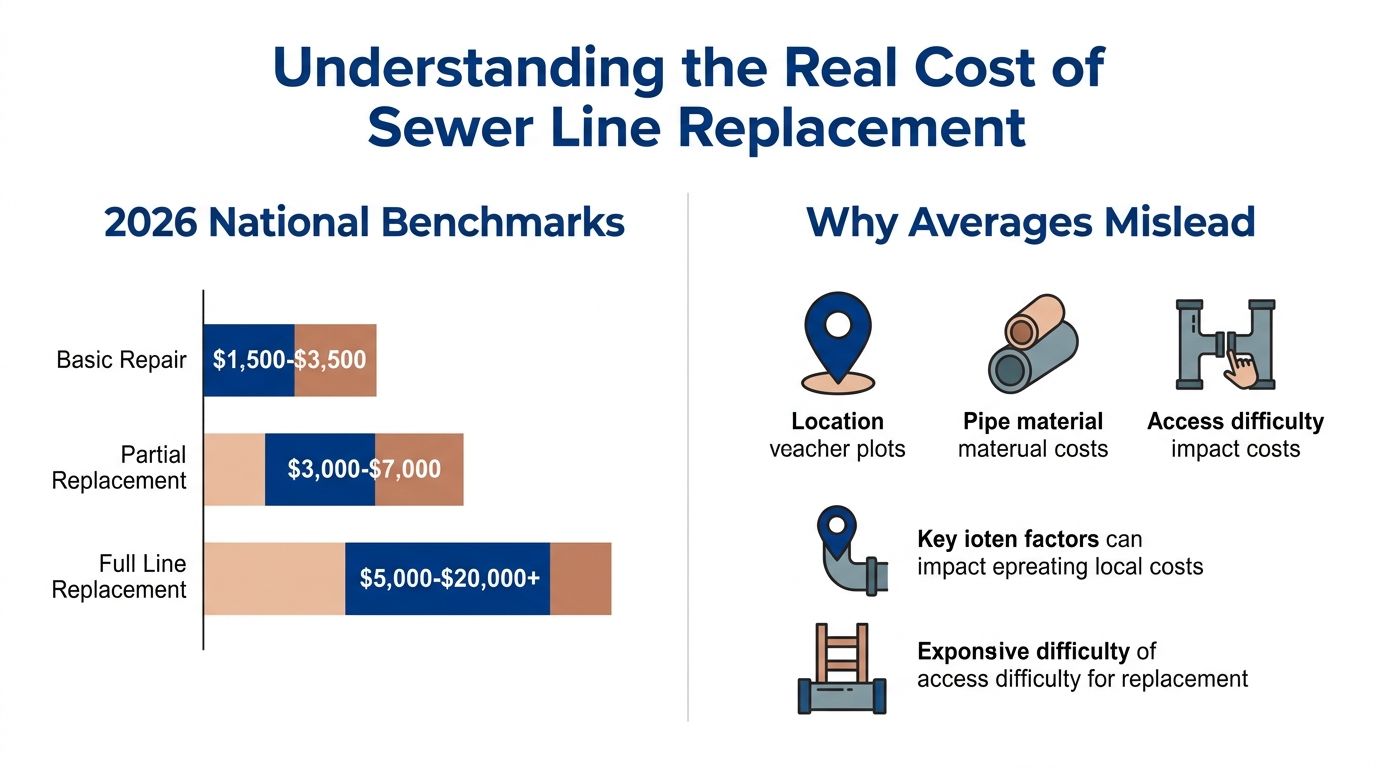 A chart showing 2026 national benchmarks for sewer line replacement costs and common factors affecting pricing.