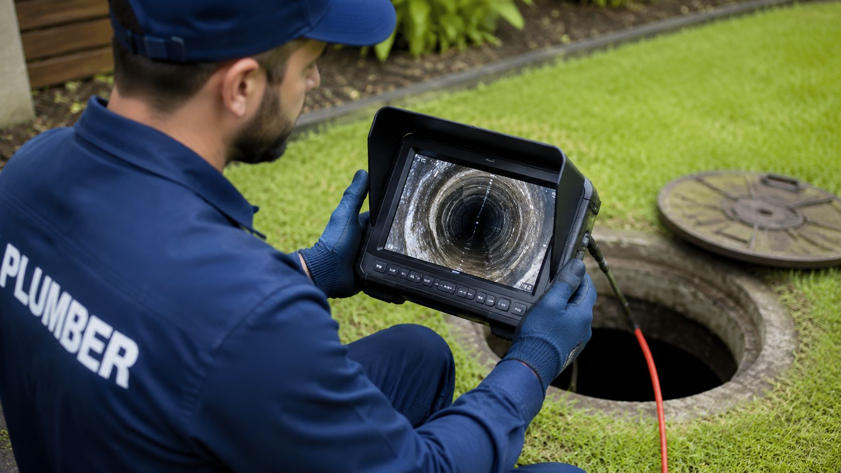 A professional plumber inspecting a sewer line using a specialized video camera inspection system outdoors.