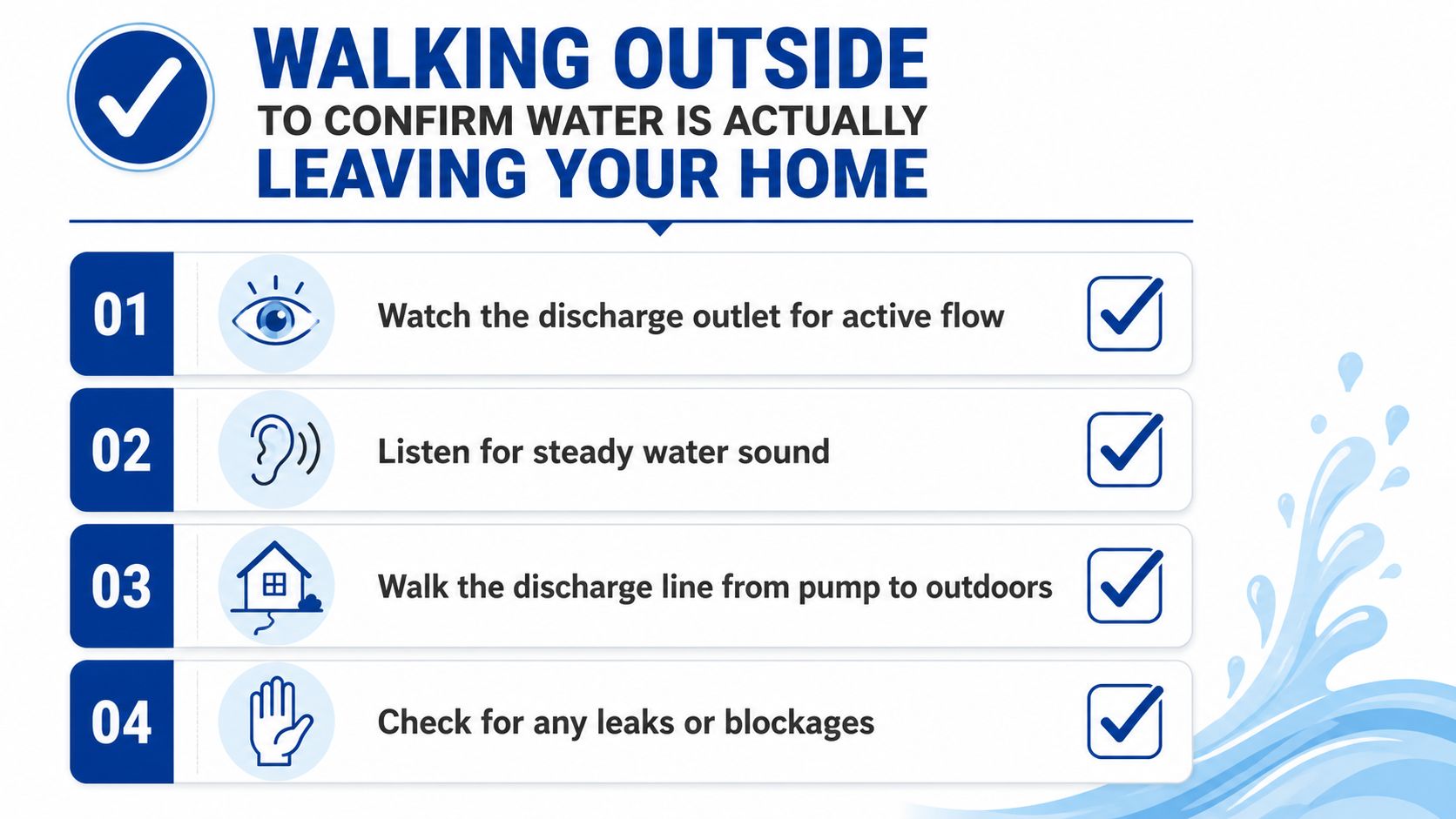An instructional graphic showing four steps to confirm water is successfully leaving your home from a pump.