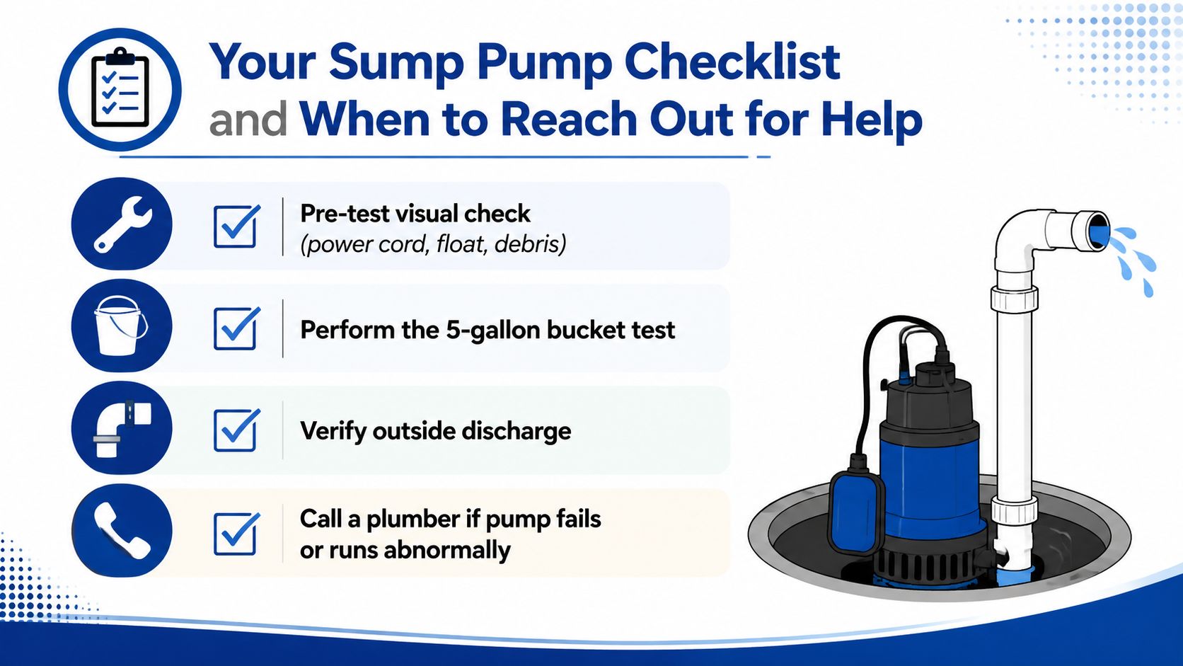 An infographic showing a four-step checklist for testing a sump pump with corresponding icons and a pump illustration.