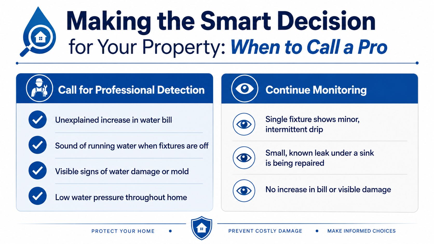 An infographic comparing when to call a professional for leak detection versus when to continue monitoring.