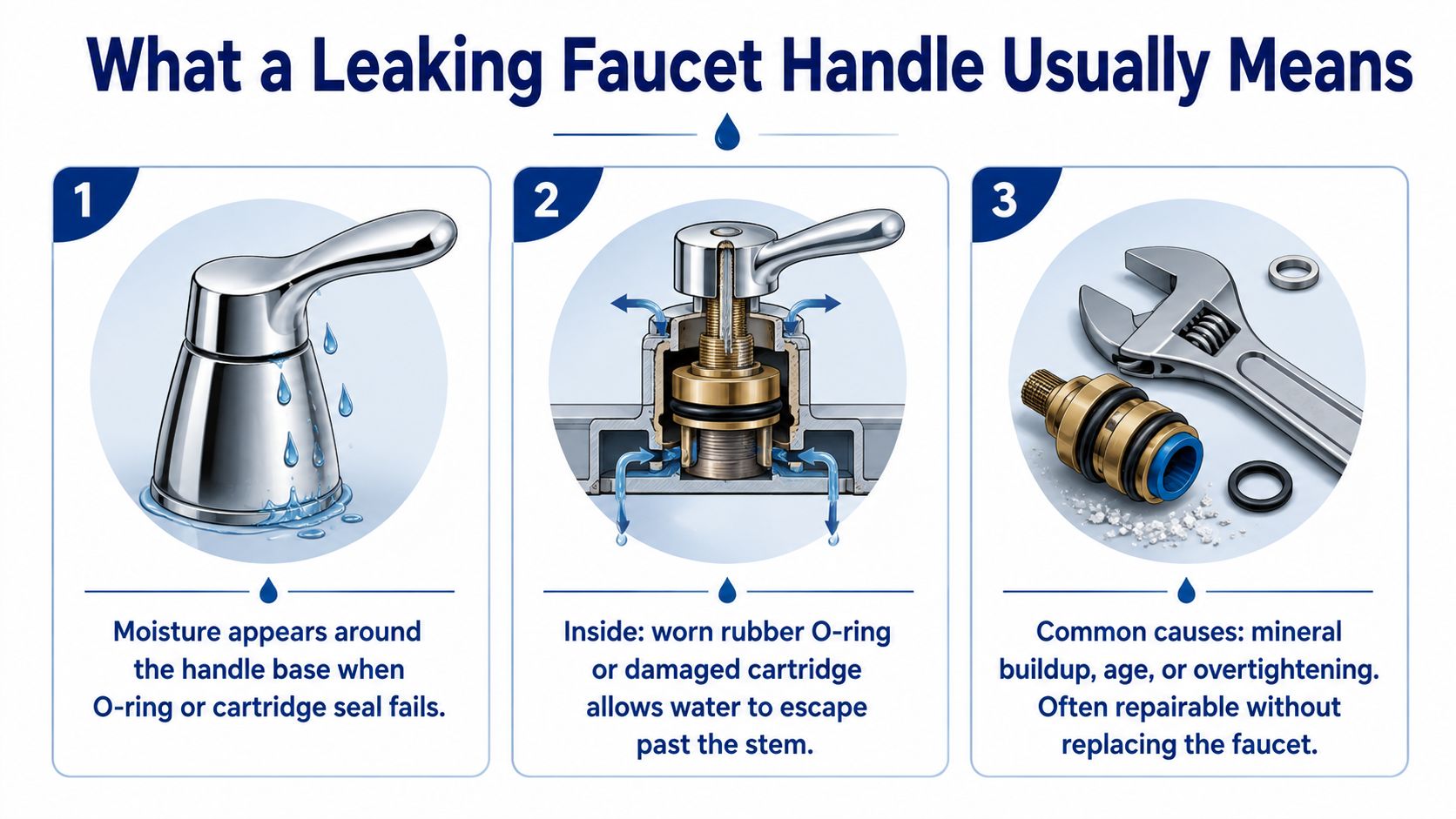 An infographic showing the causes and repair steps for a leaking faucet handle with three illustrative steps.
