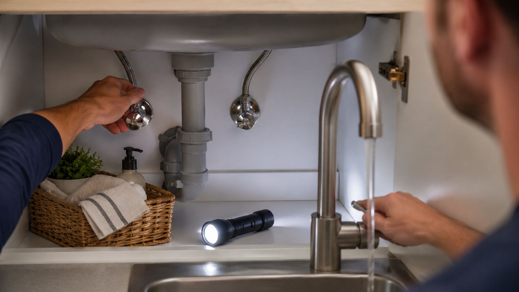 A person under a kitchen sink adjusting the shut-off valve while water runs from the faucet.