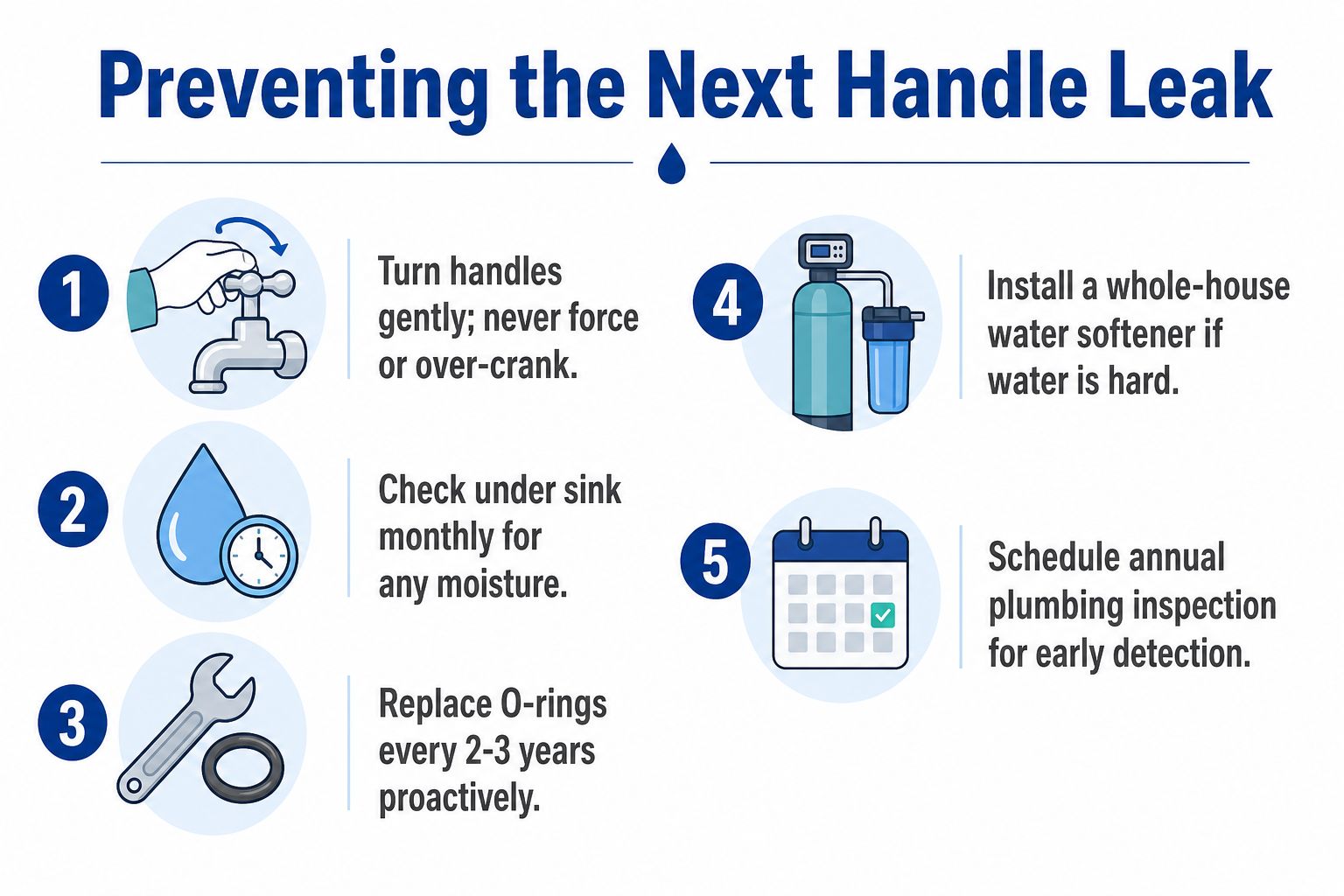 An infographic titled Preventing the Next Handle Leak featuring five numbered steps for maintaining home faucets.