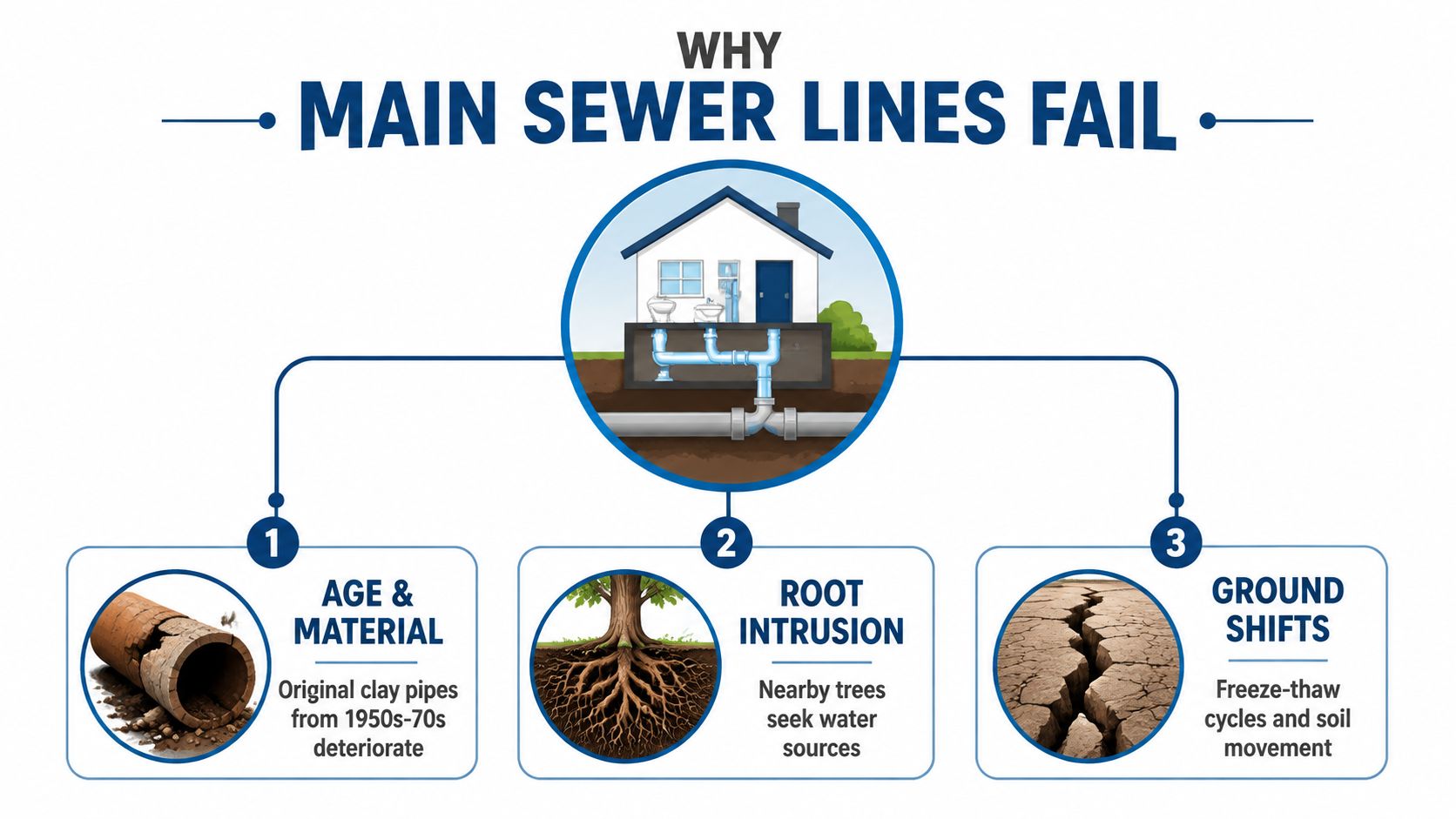 An infographic illustrating three primary reasons for main sewer line failure, including age, roots, and ground shifts.