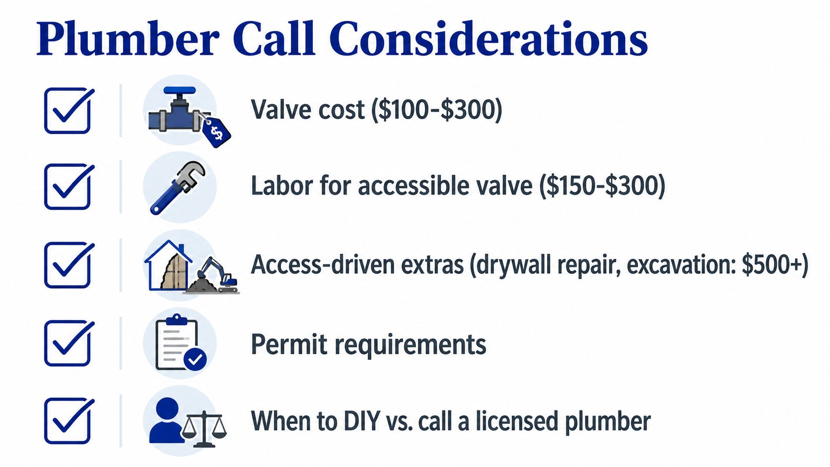 A checklist infographic outlining key factors and cost considerations when hiring a plumber for valve replacement.