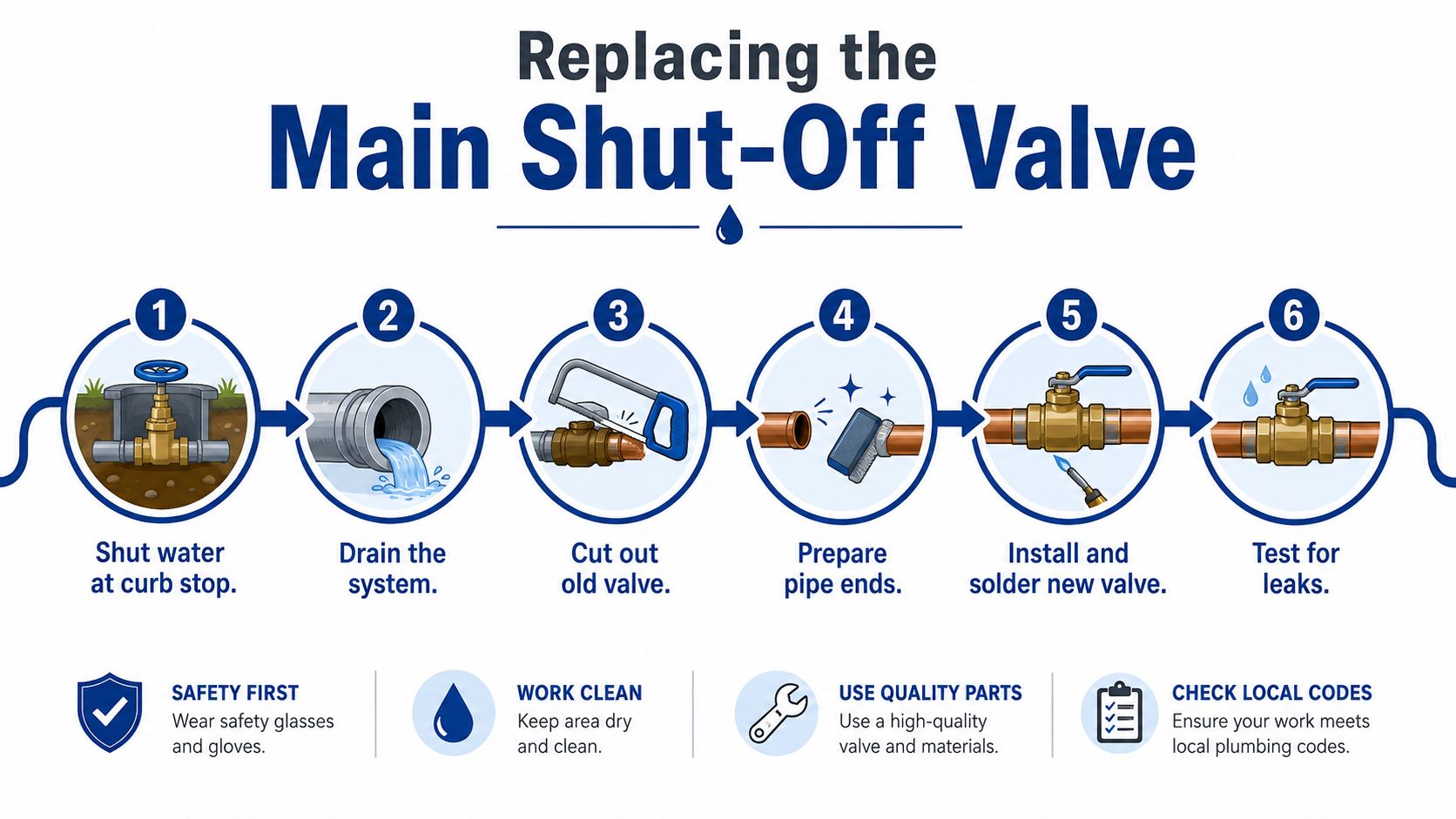 A step-by-step infographic illustrating the process of replacing a main water shut-off valve in a residential plumbing system.