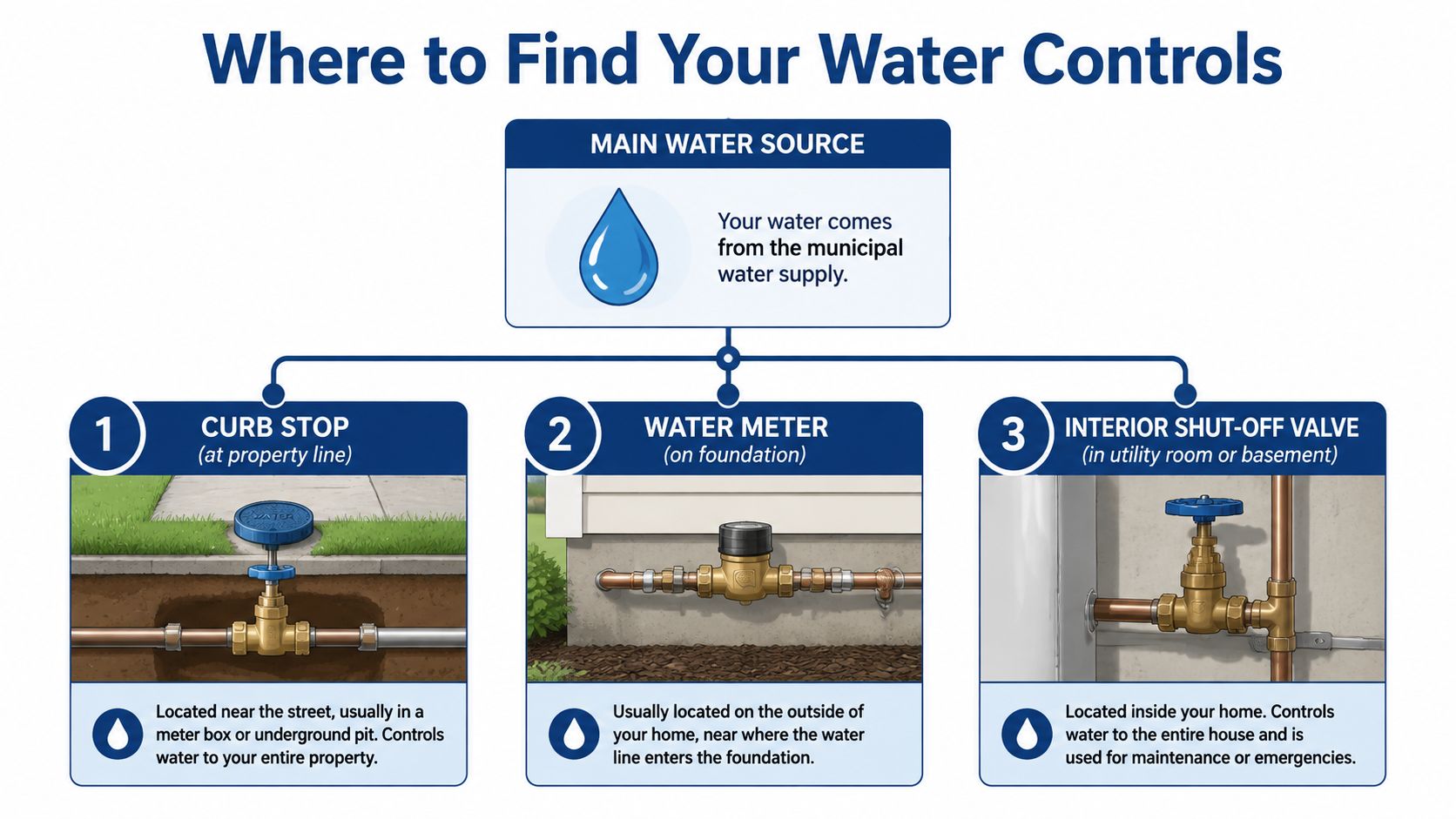 An infographic showing the three main locations for residential water controls: the curb stop, water meter, and interior valve.
