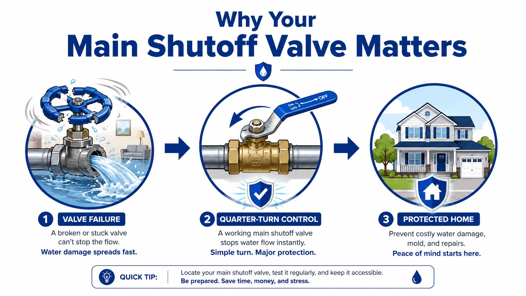 An infographic showing the importance of a functional main water shutoff valve to prevent household flooding.