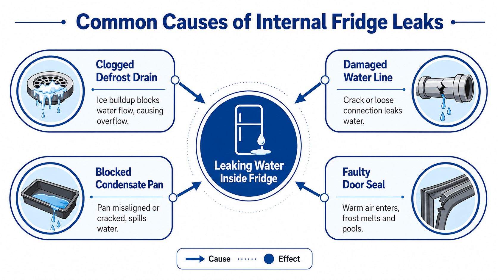 A diagram illustrating four common causes of internal refrigerator water leaks, including drain, pan, and seal issues.