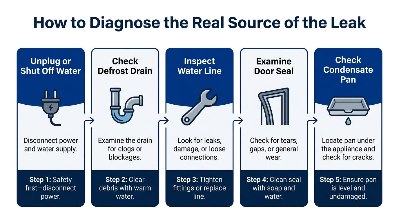 A five-step infographic showing how to diagnose and fix refrigerator leaks with icons and instructions.
