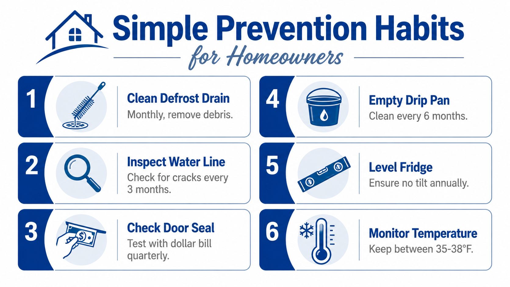 An infographic listing six simple prevention habits for homeowners to maintain their refrigerator and avoid leaks.