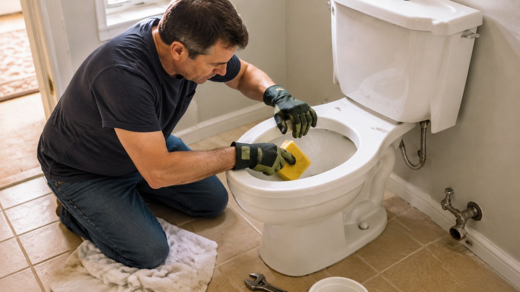 A repairman wearing gloves kneels on the bathroom floor to scrub the interior of a toilet bowl.