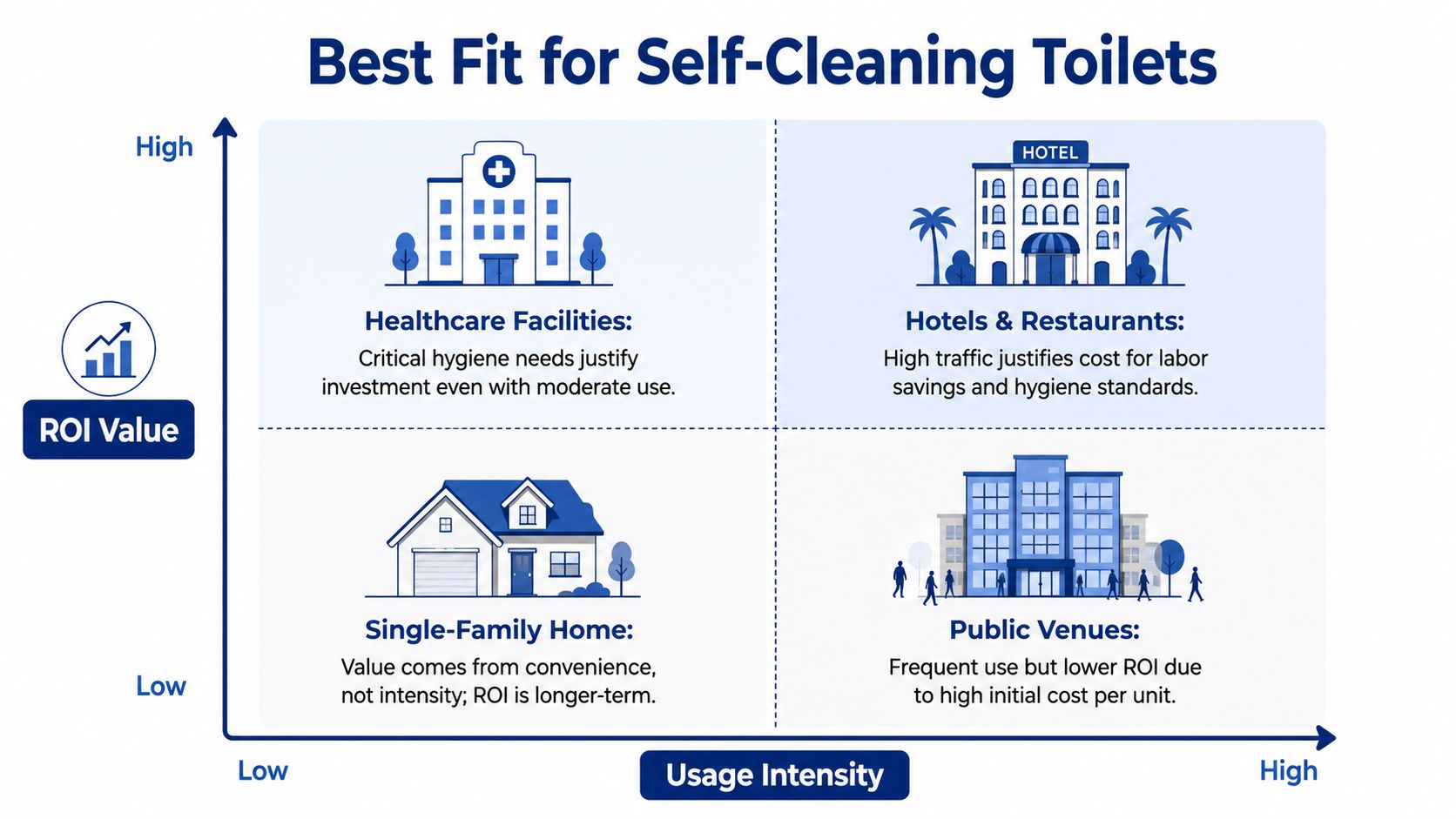 A 2x2 matrix chart illustrating the ROI value versus usage intensity for self-cleaning toilets in various environments.