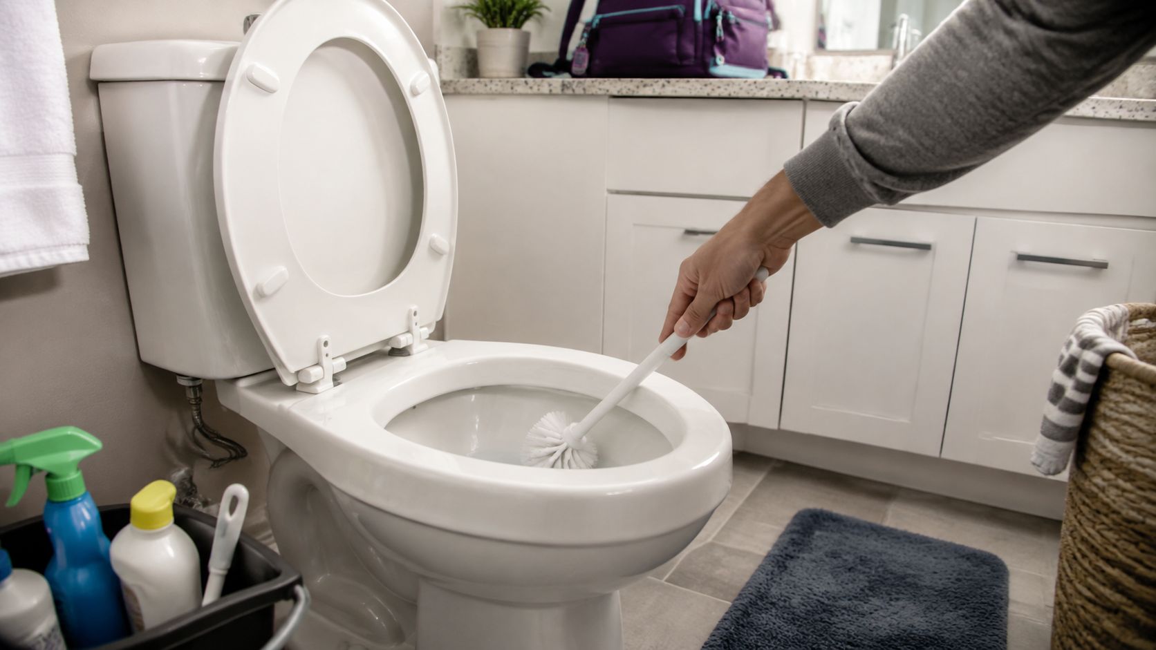 A person using a white brush to clean the inside of a white porcelain toilet bowl.