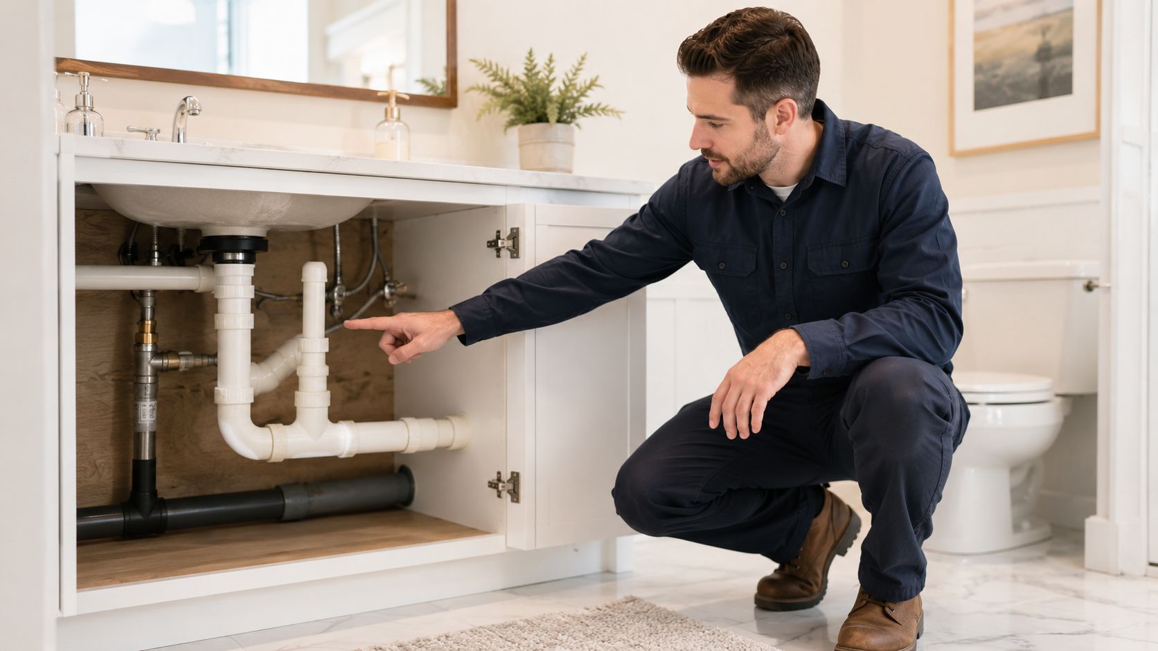 A professional plumber in a navy uniform inspects the sink plumbing pipes under a bathroom vanity.
