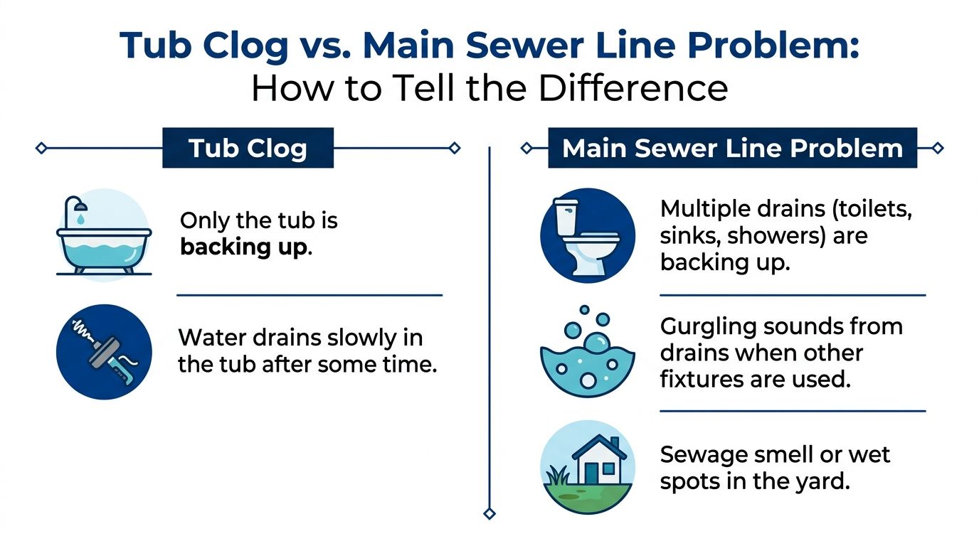An infographic comparing symptoms of a tub clog versus a main sewer line backup in a home.