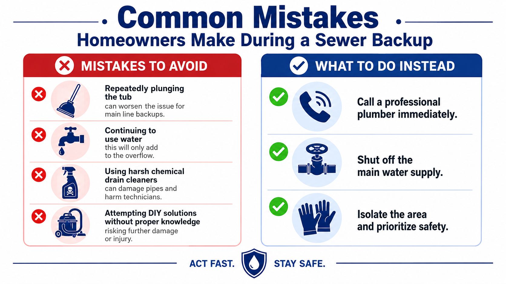 An infographic showing common homeowner mistakes during a sewer backup and recommended actions to take instead.