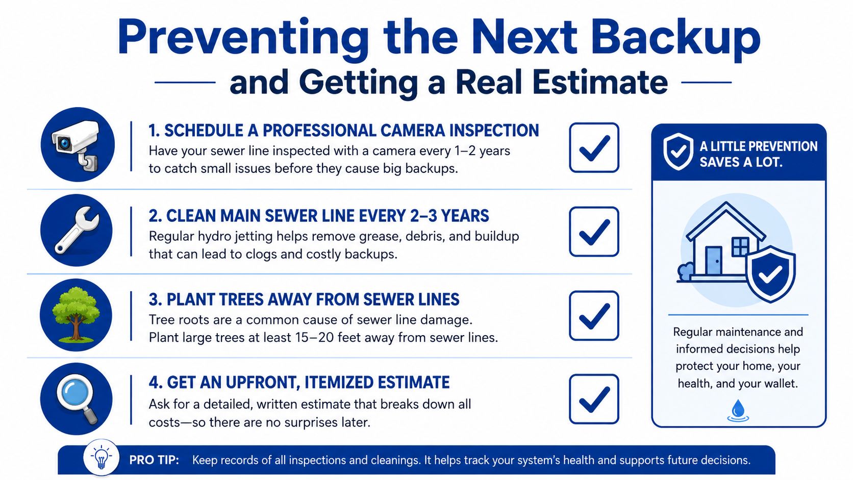 An infographic titled Preventing the Next Backup offering four tips for maintaining sewer lines to avoid costly home damages.