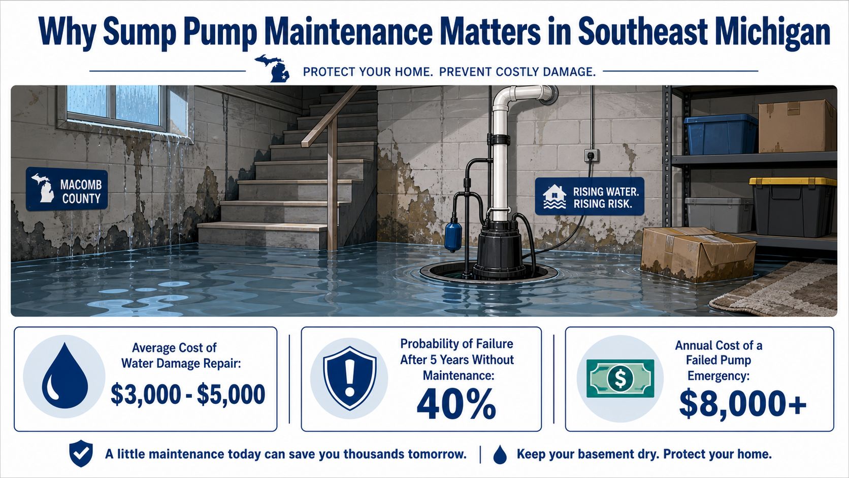 An infographic showing a flooded basement emphasizing the importance of sump pump maintenance in Southeast Michigan.
