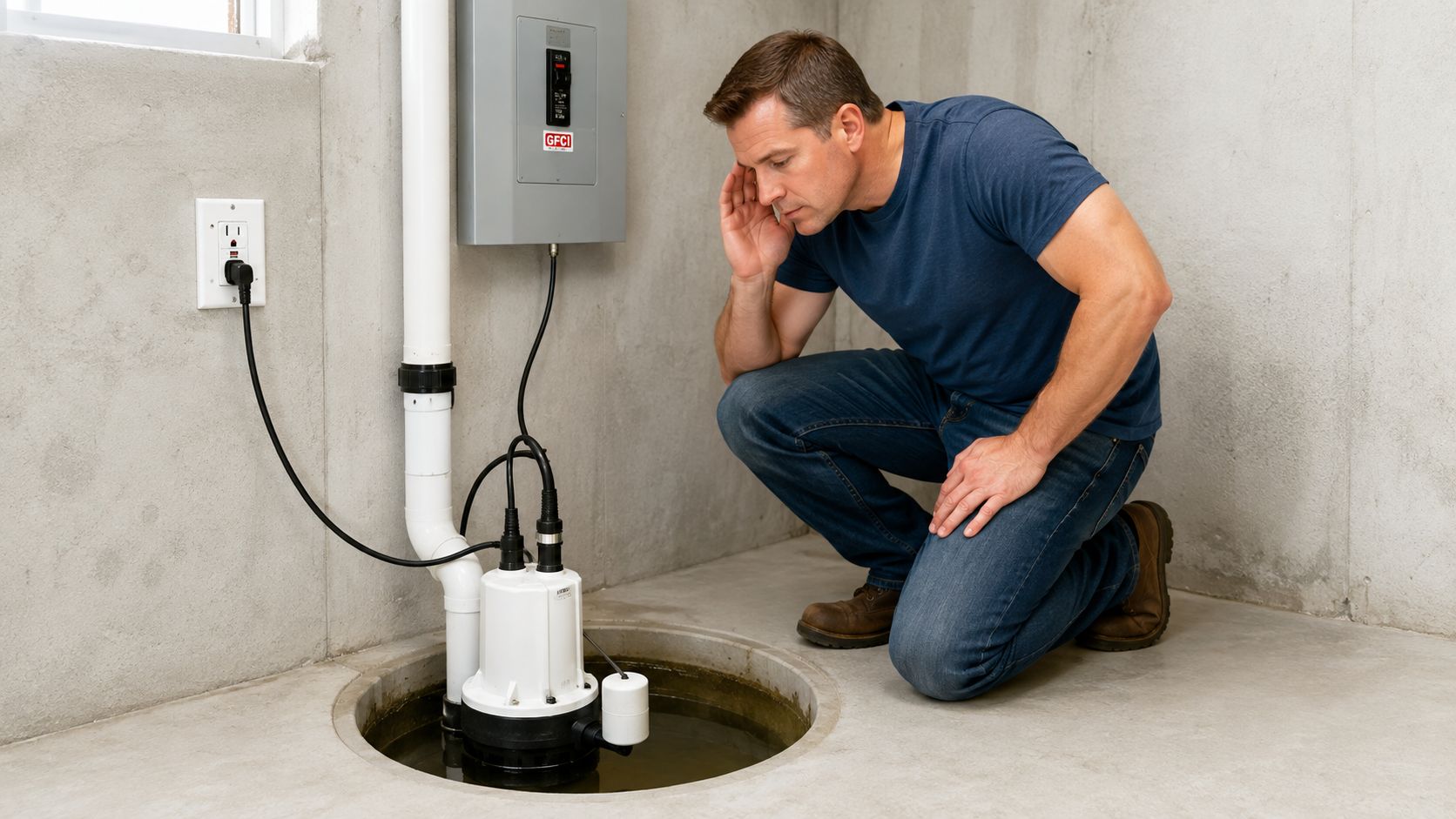 A man crouching in a basement, attentively inspecting a sump pump system installed in a concrete floor.