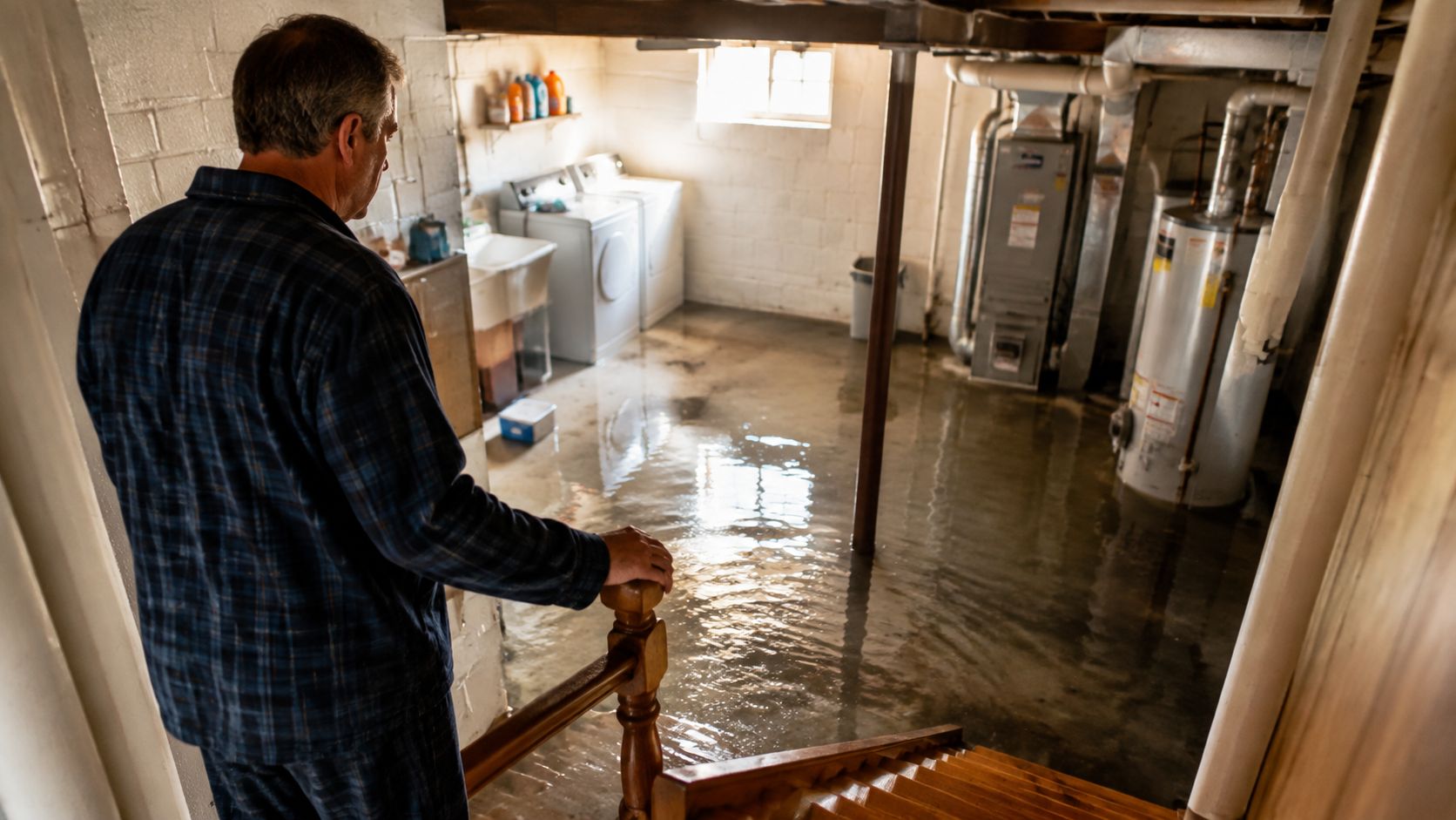 A man in pajamas looking down at a flooded basement floor from the top of the stairs.