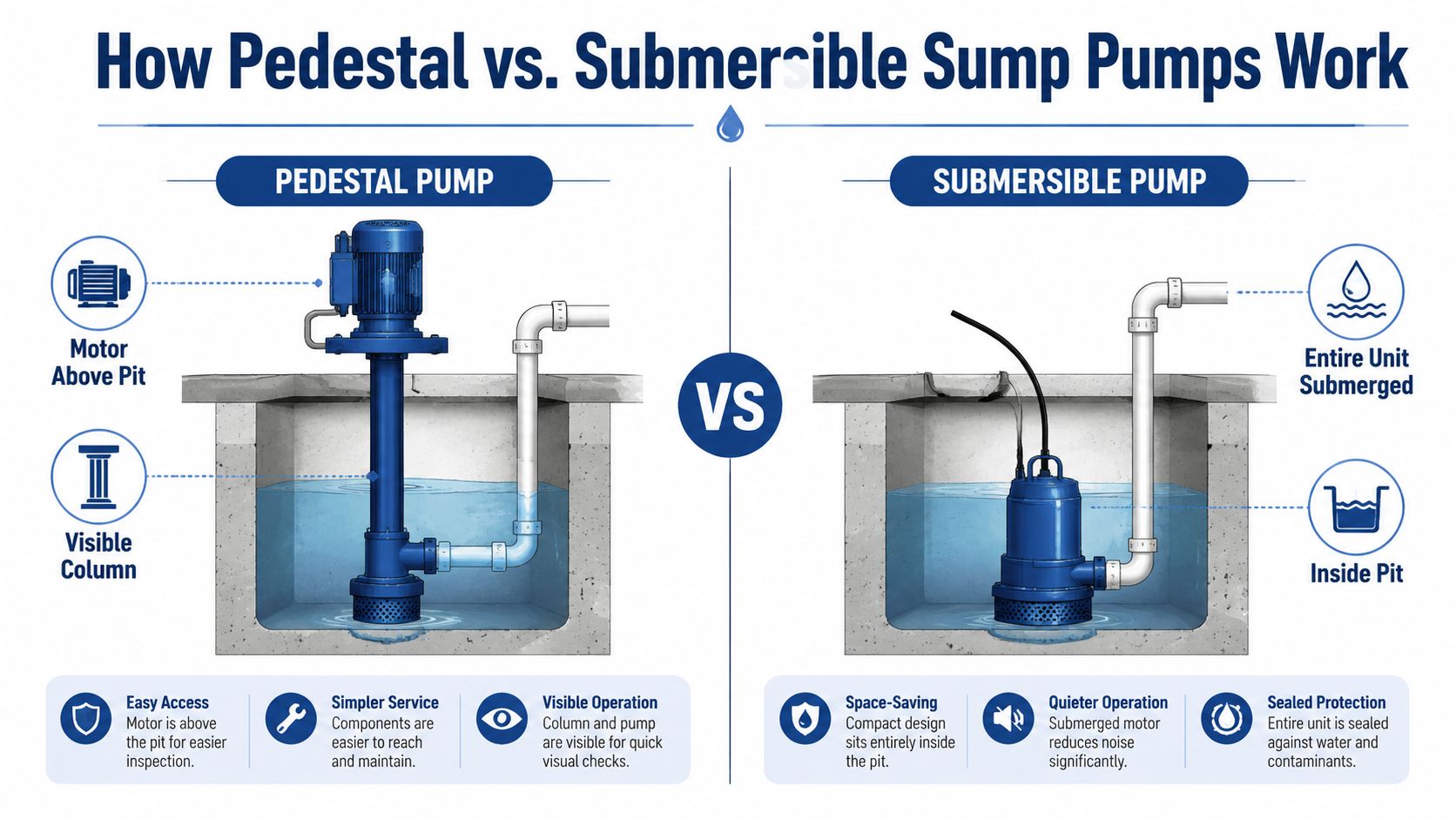A comparison infographic illustrating the design and functional differences between pedestal sump pumps and submersible sump pumps.
