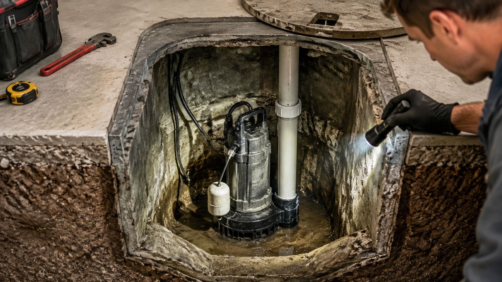 A professional technician inspecting a submersible sump pump installed in a concrete pit using a flashlight.
