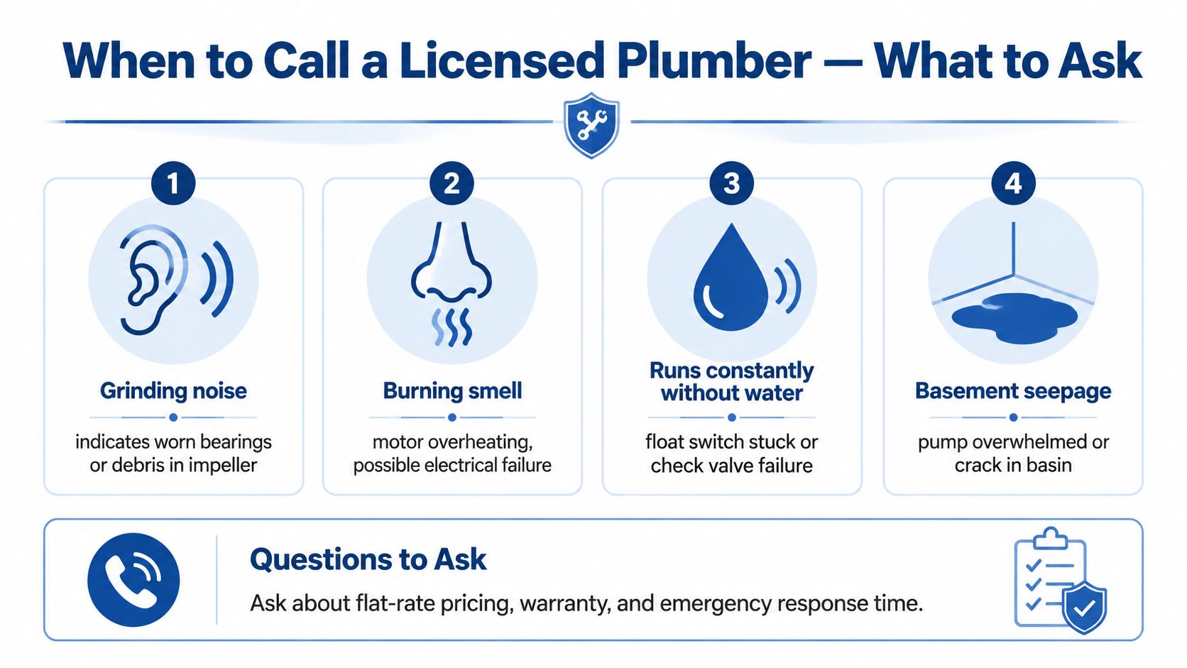 An infographic showing four signs to call a plumber for sump pump repairs and suggested questions.